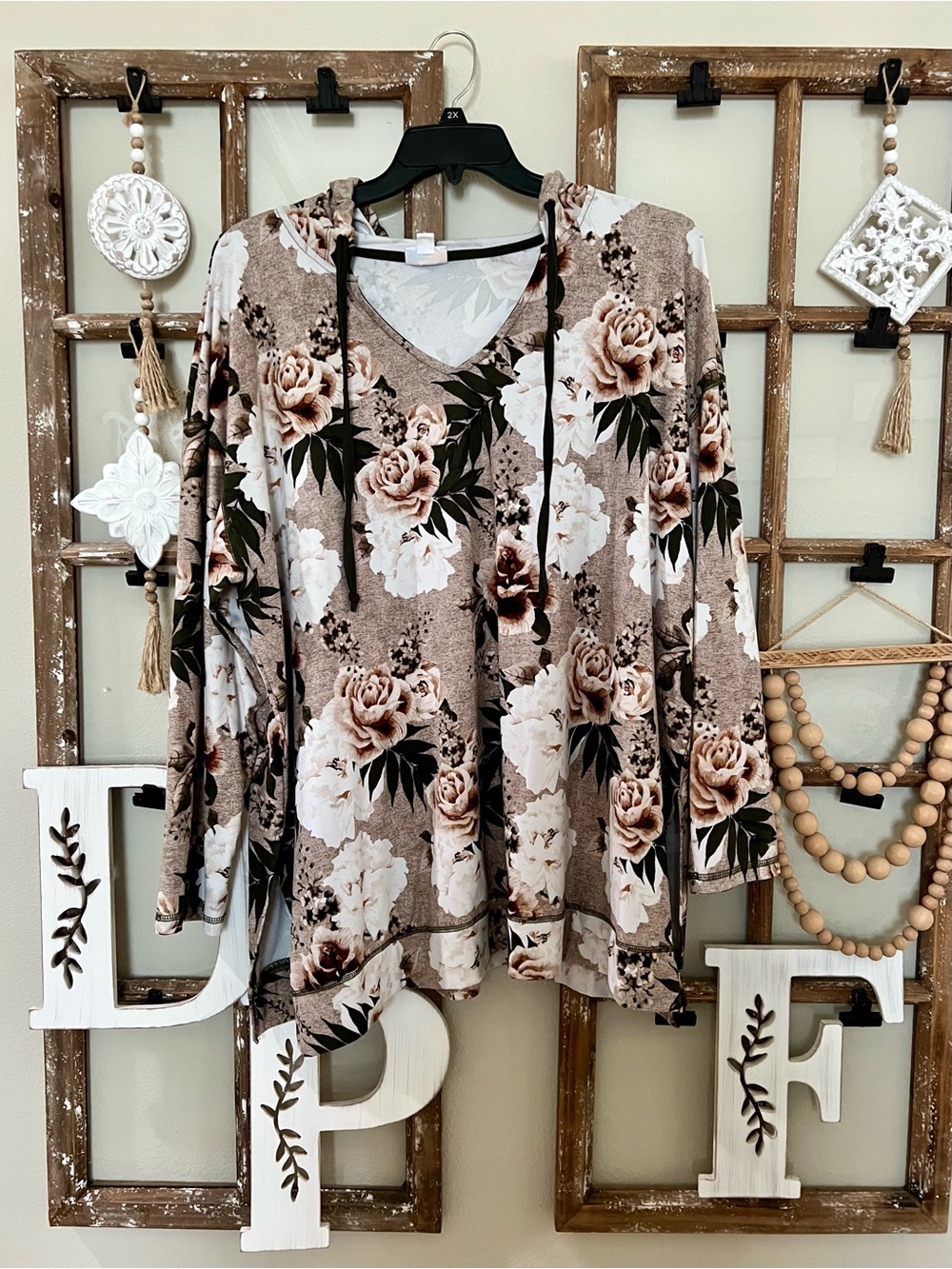 LuLaRoe Taupe Floral V-Neck Hooded Top